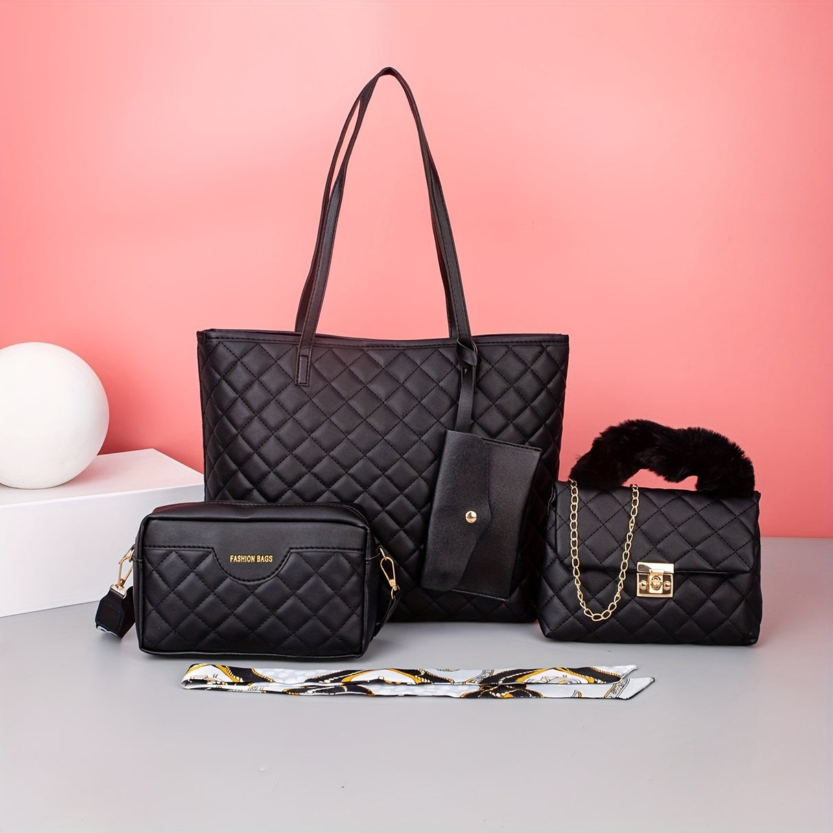 Quilted Detail Tote Bag Set: Classic Shoulder Chain Bag, Crossbody Purse with Scarf Decor