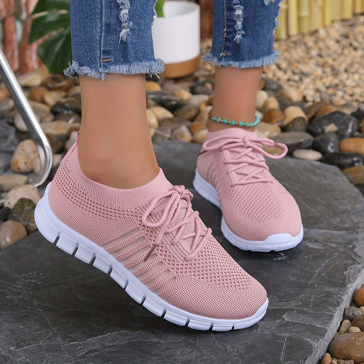 Womens All-Season Lace Up Knit Sneakers - Breathable Mesh Upper, Comfortable Fabric Insole, EVA Sole, Versatile Solid Color Running Shoes for Casual Wear