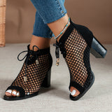 Women's Leopard Print Mesh Block High Heels, Fashion Peep Toe Lace Up & Back Zipper Sandals, Sexy Dress Shoes