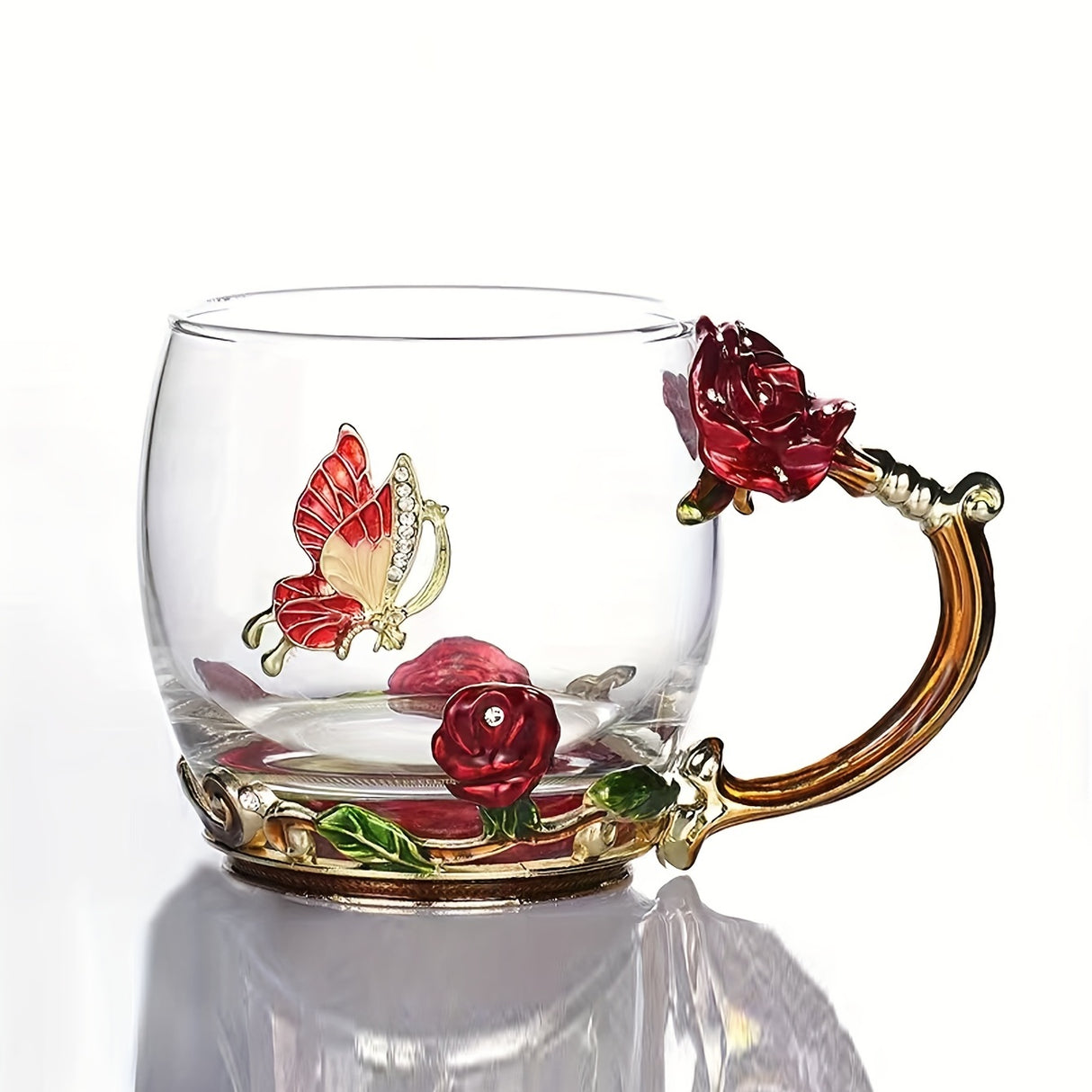1pc, Exquisite Rose Enamel Butterfly Tea Cup - Heat Resistant, Clear Glass, Painted Flower Design, Elegant Coffee Mug, Tumbler, Ideal Breakfast Drinking Glass, Perfect Gift for Tea Lovers