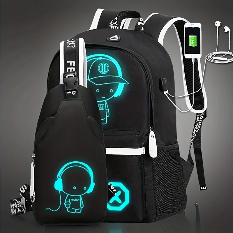 2pcs/set Large Capacity Simple Backpack, Cartoon Print Travel Backpack School Bag Crossbody Bag Chest Bag