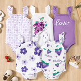 5pcs Baby Girls' Summer Rompers | Cute Fruit & Floral Print with Ruffled Straps | Soft Knit Fabric, Elastane & Polyester Blend | Button Closure | Multi-Color Pastel Yellow & White | Ideal for Playful Infants, Baby Girl Clothe