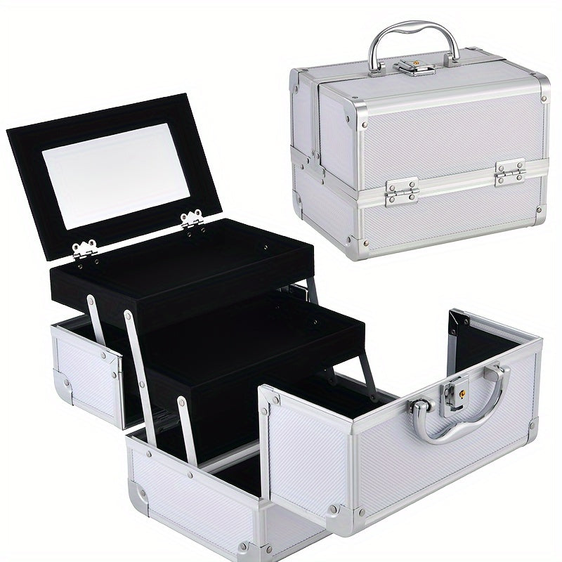 Professional Makeup Artist Travel Case - 6.7x6.7x9" Portable Cosmetic Organizer with Mirror, Brush Holder & Lockable Key - Ideal for Jewelry Storage & Bathroom Essentials