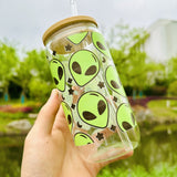 1pc, Cartoon Alien Drinking Glass With Lid And Straw, 500ml/16oz Can Shaped Water Cup, Iced Coffee Cup, For Tea, Juice, Milk, Birthday Gifts, Drinkware