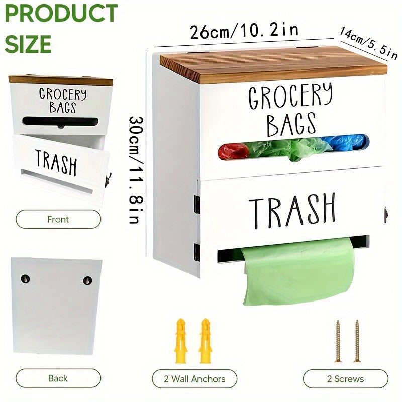 2-in-1 Wooden Wall-Mount Garbage Bag Dispenser & Organizer - Large Capacity, White/Black for Kitchen & Bathroom Essentials