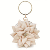 3D Flower Round Evening Bag, Satin Clutch Wedding Purse, Glitter Top Ring Handbag For Party Banquet for Carnaval Music Festival