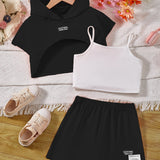 Girl's Stylish 3pcs, Hooded T-shirt & Camisole & Shorts Set, CALIFORNIA Patched Short Sleeve Top, Casual Outfits, Kids Clothes For Summer