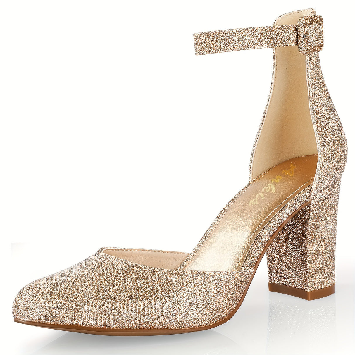 Elegant Golden Glitter D'Orsay High Heels for Women - Sparkling Pointed Toe with Ankle Strap, Lightweight & All-Season, PU Cover & Rubber Sole
