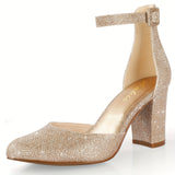 Elegant Golden Glitter D'Orsay High Heels for Women - Sparkling Pointed Toe with Ankle Strap, Lightweight & All-Season, PU Cover & Rubber Sole