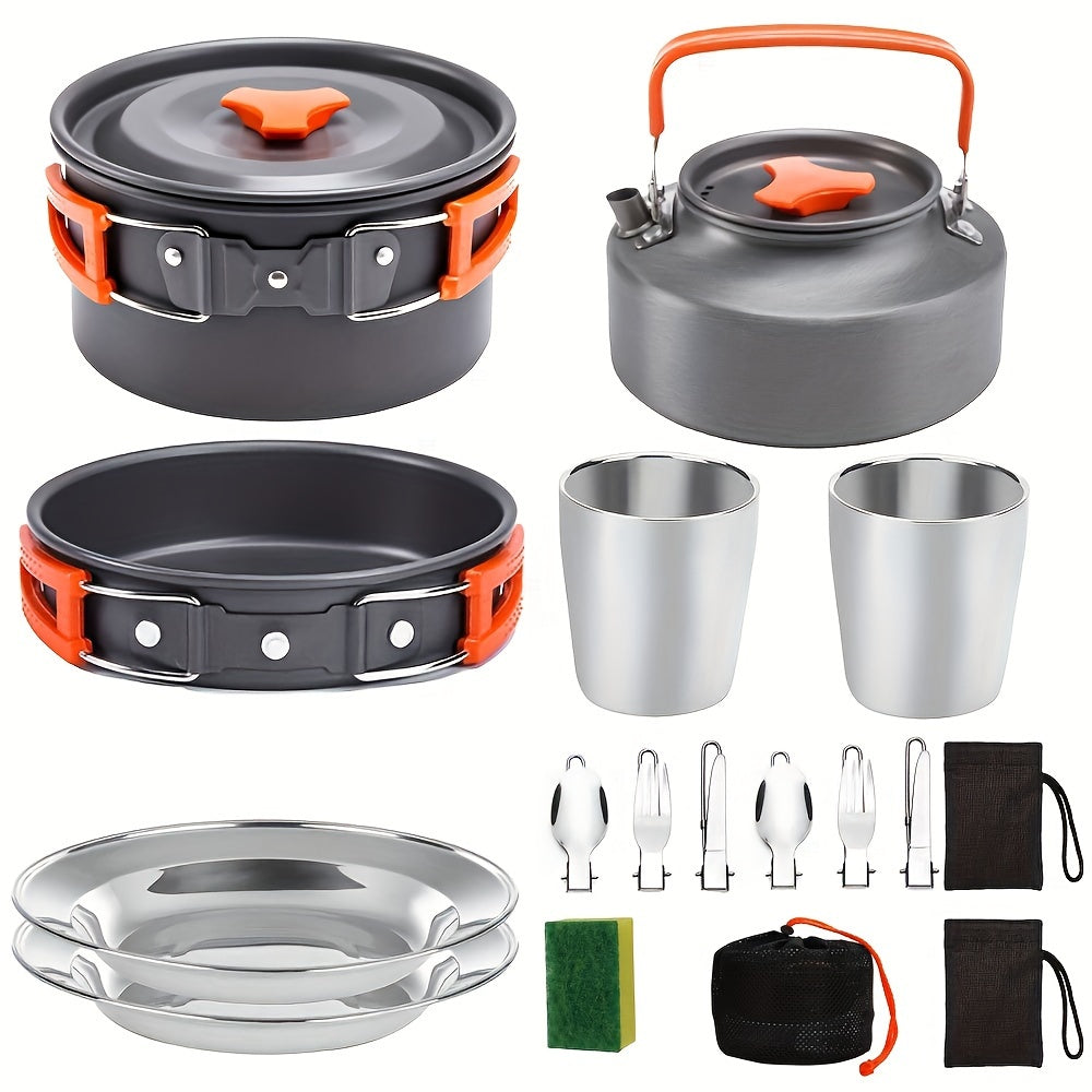 Pardarsey 15pcs Camping Cookware Mess Kit,Portable Non-Stick Aluminum Alloy Cookware,Kettle Pot Frying Pan Plates Forks Knives Spoons for Camping, Backpacking, Outdoor Cooking