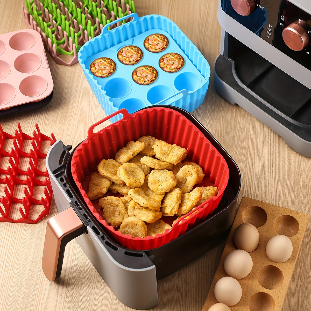 [9-Cavity Cake Mold Air Fryer Set] 1set, Premium Square Air Fryer Silicone Set - Bacon & Hot Dog Rack, 9-Cavity Cake Mold, Air Fryer Pan - BPA-Free, Dishwasher Safe - Compatible With 7QT+ Air Fryers