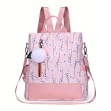 Pompom Decor Anti-Theft Travel Backpack Purse For Women - Floral Print Shoulder Bag - School Bag
