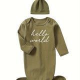 Adorable Baby Boy Gift Set - Soft Cotton Knotted Gown & Matching Hat with "Hello, World" Print, Comfy Onesie for Newborns, Perfect Casual Baby Shower Present for Infant Boys