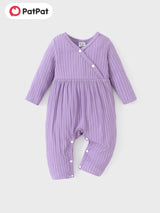 PatPat Baby Girl Cute All Over Rabbit Print/Solid Ribbed V Neck Short-sleeve Jumpsuit For Summer Outdoor Wear