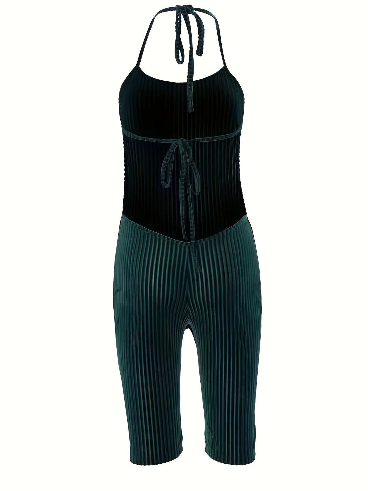 Sexy Velvet Halter Romper for Women - Backless Tie-Up Jumpsuit with Ribbed Texture, Machine Washable, Green, Perfect for Spring/Summer Parties, Plus Rompers And Jumpsuits