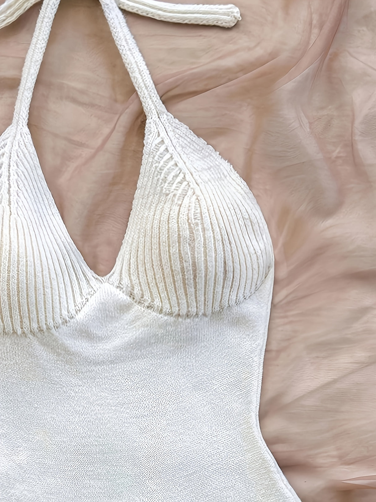 Elegant Sleeveless Knit Halter Dress for Women - Ribbed Texture with Lettuce Hem & Tie-Back Detail, Perfect for Spring/Fall, White, Casual Elegance | Tieback Swimsuit | Polyester Fabric