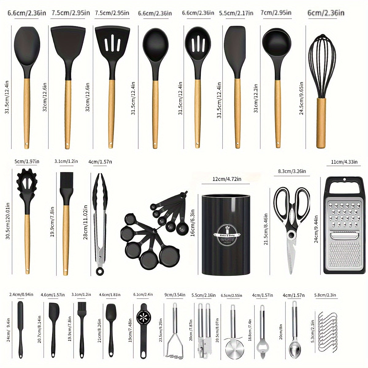 44pcs Non-Stick Silicone Kitchen Utensil Set with Wooden Handles, Includes Stainless Steel Grater & Bottle Opener