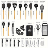 44pcs Non-Stick Silicone Kitchen Utensil Set with Wooden Handles, Includes Stainless Steel Grater & Bottle Opener