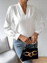 Chic Solid V-Neck Pleated Blouse - Stylish Workwear for Women - Fashionable Long Sleeve, Professional & Elegant - A Must-Have Office Wardrobe Staple