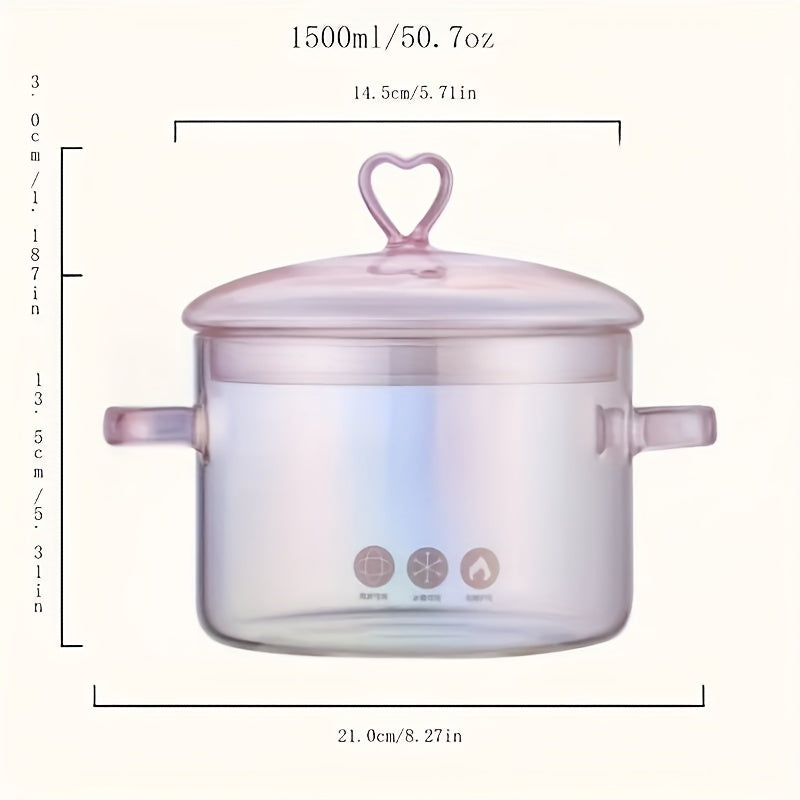 Love Heart Pink Borosilicate Glass Stockpot with Ergonomic Dual Handles, Transparent Multi-use Stew Pot with Safety Lid - Nutrient-Retaining Cooking Pot, 50.72oz - Trendy Kitchenware