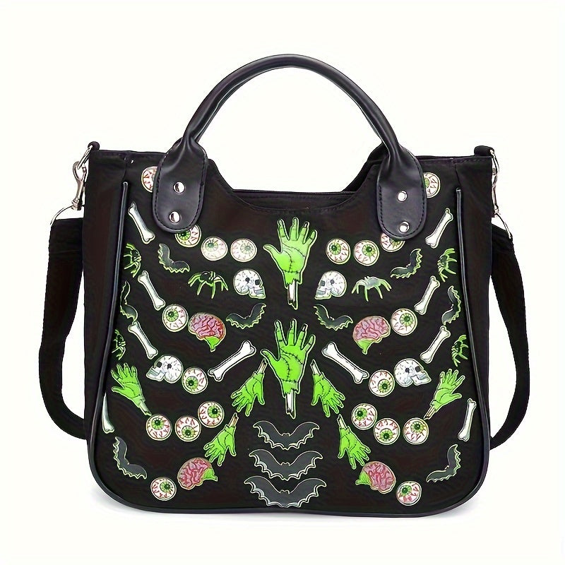 Halloween Skeleton Print Handbag, Luminous Horror Night Canvas Crossbody Bag, Gothic Ghost Skull Elf Tote Bag - Perfect for Carnival Mardi Gras Music Festival