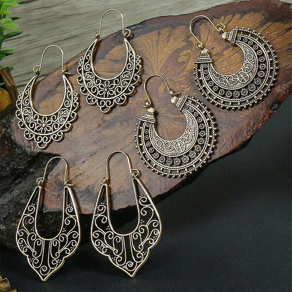 Boho Hollow Dangle Earrings - Vintage Ancient Silver U-Shaped Jewelry for Women
