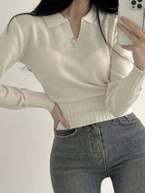 High-Elasticity Solid Lapel Collar Pullover Sweater - Soft, Cozy, and Versatile Casual Long Sleeve Crop Top for Women - Perfect for Spring, Fall, and All Seasons