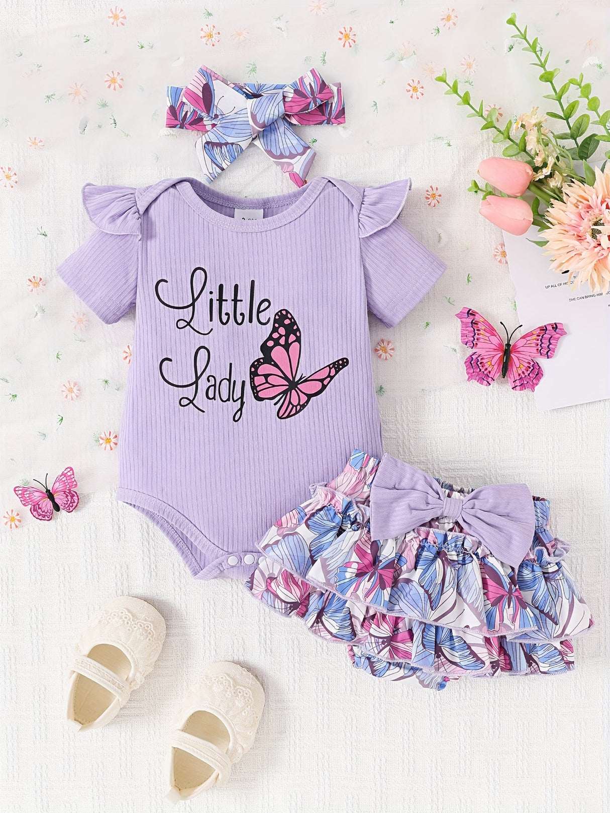 Newborn baby girl summer butterfly printed pleated short-sleeved pit top bloomers skirt suit+headscarf three-piece suit