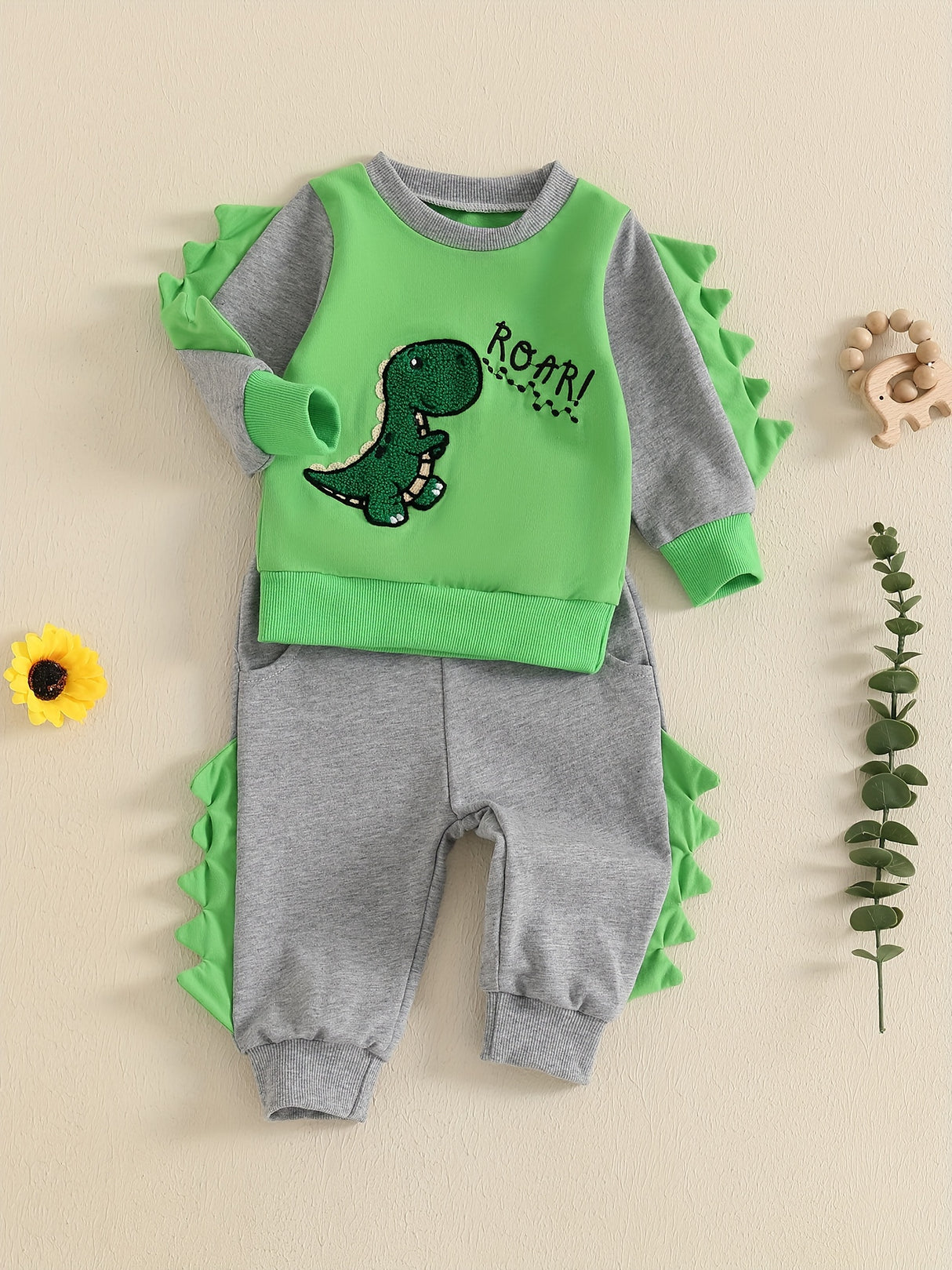 Toddler Boys Fall Outfits Dinosaur Letter Embroidery Long Sleeve Sweatshirts and Long Pants 2Pcs Clothes Set