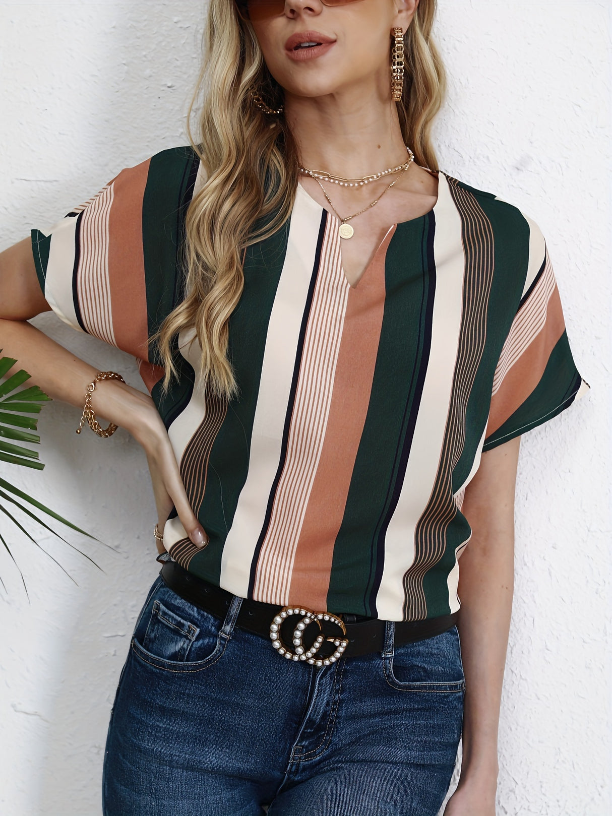 Striped Notched Neck Blouse, Casual Short Sleeve Blouse For Spring & Summer, Women's Clothing