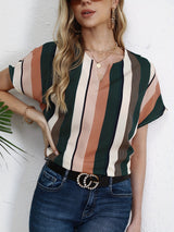 Striped Notched Neck Blouse, Casual Short Sleeve Blouse For Spring & Summer, Women's Clothing