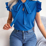 Bow Tie Flutter Sleeve Blouse, Elegant Sleeveless Solid Ruffle Trim Blouse, Women's Clothing Wedding holiday vacation