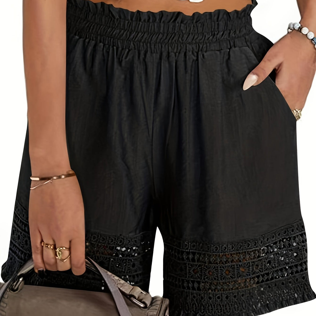 Summer Casual Shorts for Women, Lace Trim Slant Pocket Paper Bag Waist Shorts