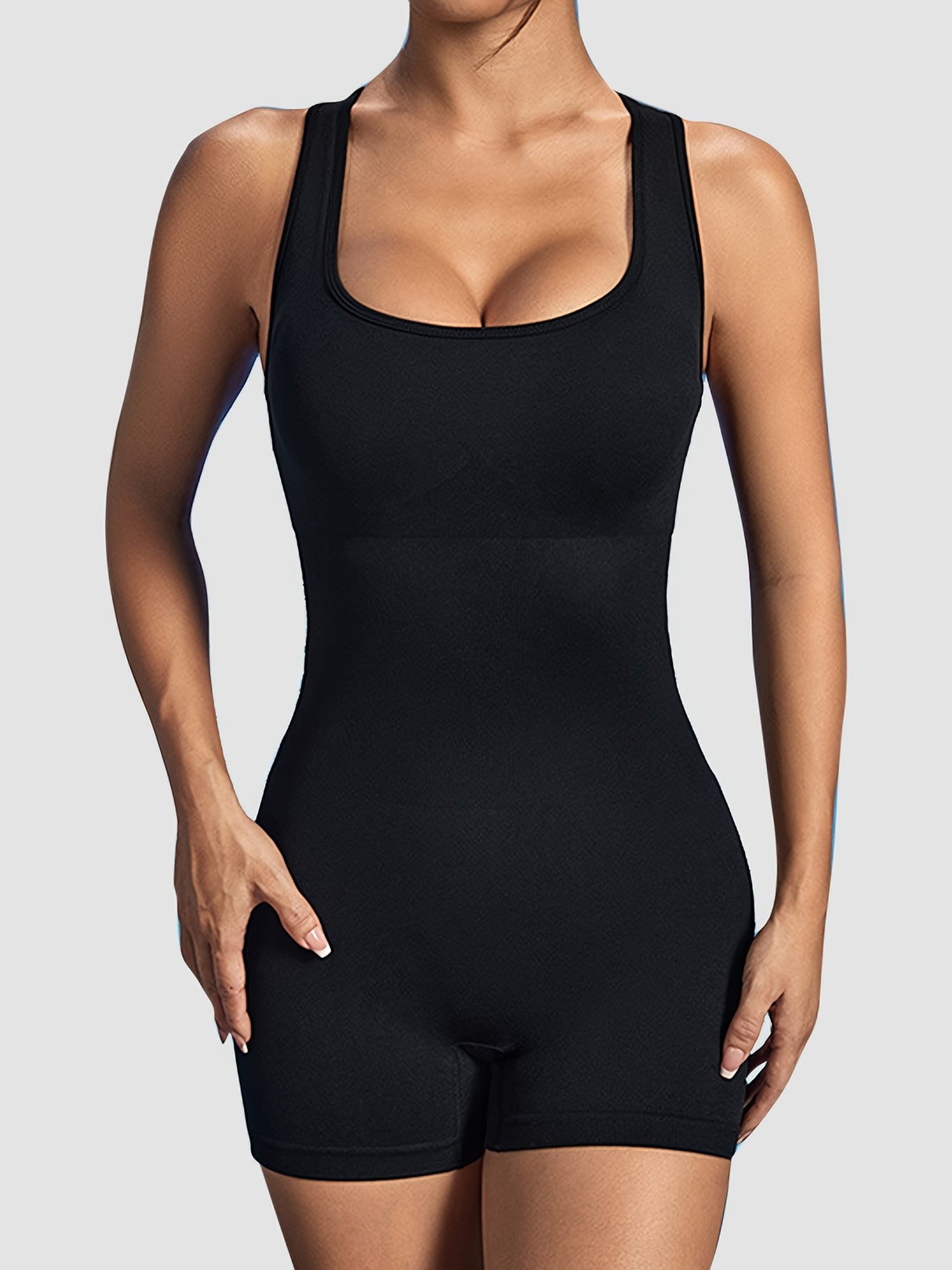 Women's Workout Rompers, High Stretchy Seamless Beauty Open Back Ribbed Tummy Control Bodysuits, Square Neck Solid Color Gym Sports Yoga Tank Short Jumpsuits Playsuits