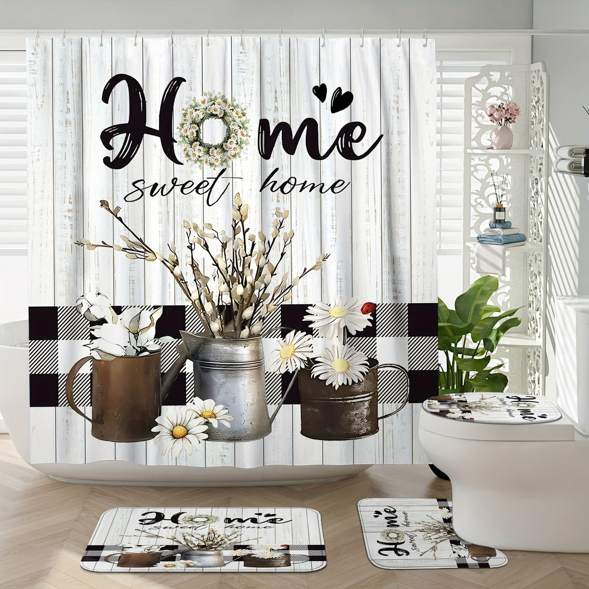 1/4pcs Deluxe White Daisy Pattern Shower Curtain Set - Bathroom Essentials with Non-Slip Mat, U-Shaped Toilet Mat, and 12 Hooks - Complete Bathroom Decor Solution