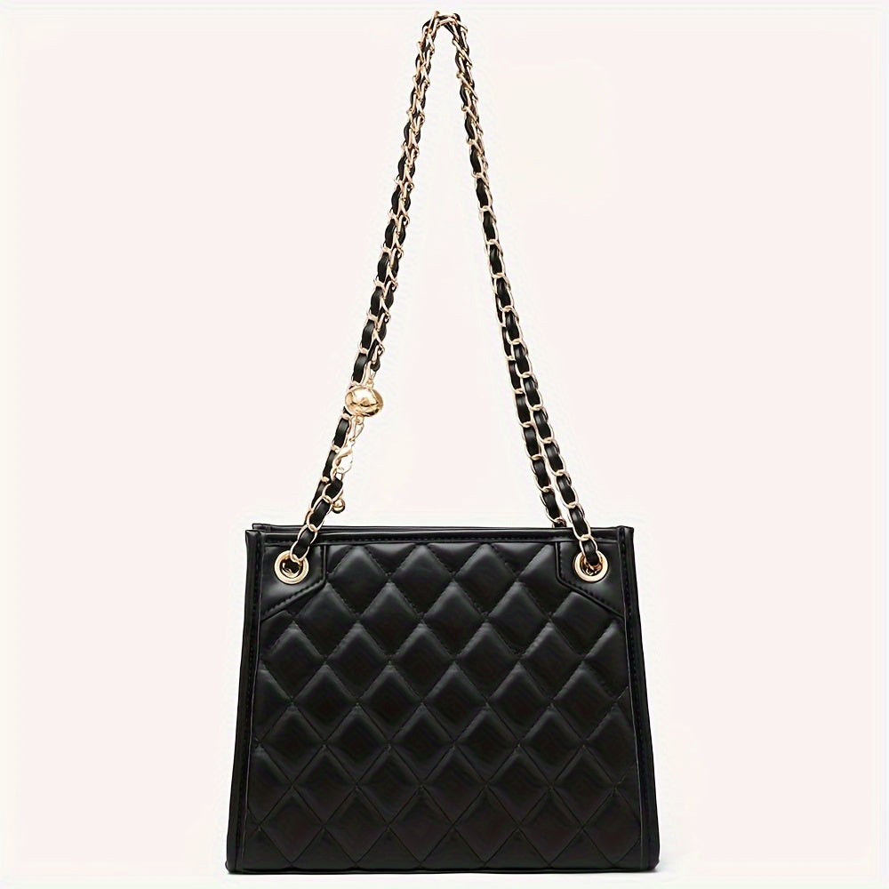 Luxury Quilted Faux Leather Tote Bag For Women With Adjustable Chain Strap, Classic Crossbody Handbag For Daily Outfits