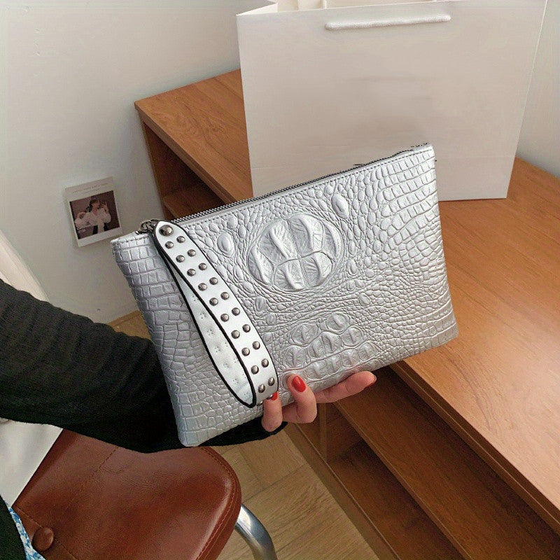 Crocodile Pattern Square Clutch Bag - Zipper Closure, Fixed Shoulder Straps, Animal Print PU Handbag with Polyester Lining and Wristlet - Fashionable Studded Decor for Women