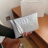 Crocodile Pattern Square Clutch Bag - Zipper Closure, Fixed Shoulder Straps, Animal Print PU Handbag with Polyester Lining and Wristlet - Fashionable Studded Decor for Women