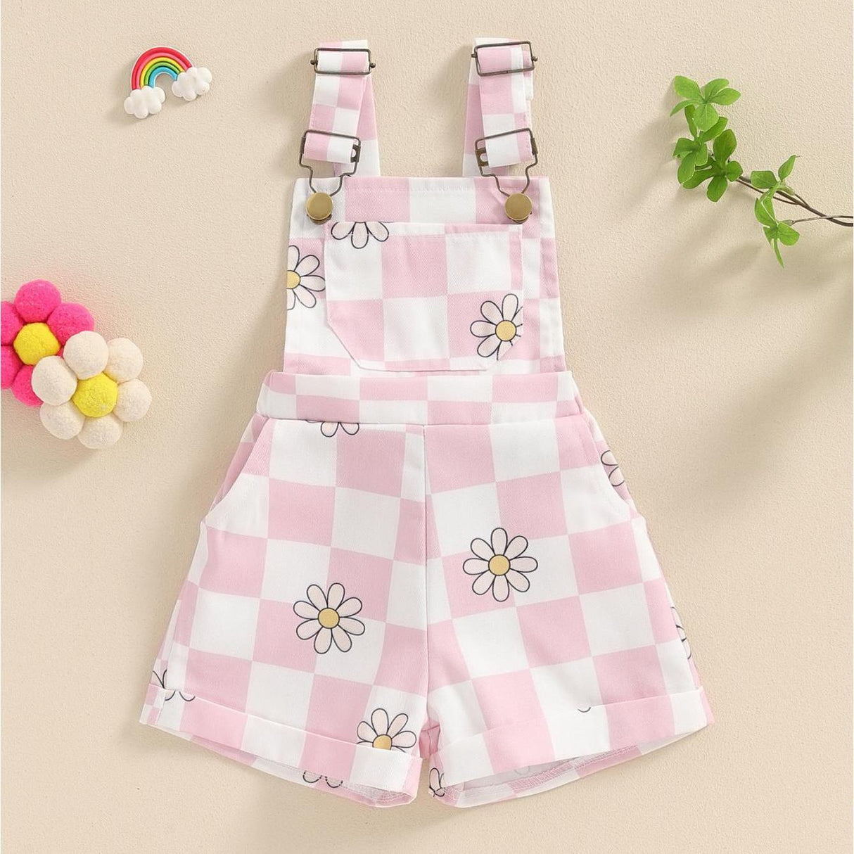 Adorable Toddler Baby Girl Summer Romper - Sleeveless Checkerboard Floral Print Jumpsuit with Pocket, Casual Overalls Shorts for Newborn, Cute Clothes for Little Princesses, Perfect for Outdoor Play and Special Occasions