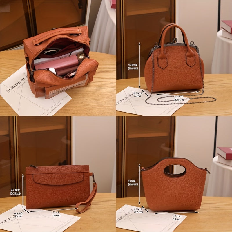 4PCS Vintage Convertible Backpack Set, Retro Fashion Tote Bag, Women's Casual Handbag & Shoulder Purse & Wristlet
