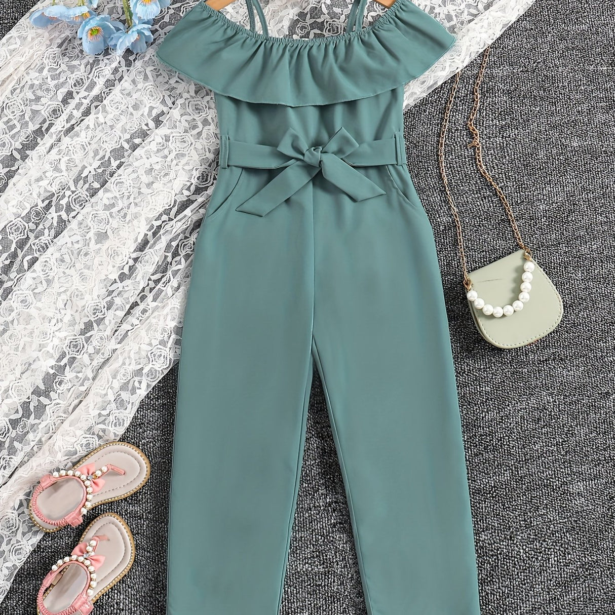 Girls Ruffle Cami Romper Belt Off Shoulder Elegant Summer Spring Autumn Kids Clothes