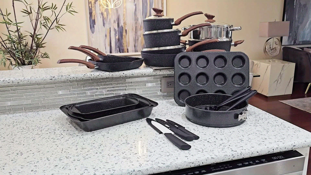 Mix Patio Pots And Pans Set Nonstick, 12/17/30 Pieces Induction Kitchen Cookware Set, Granite Coating Cooking Pans Set (Black, Green)