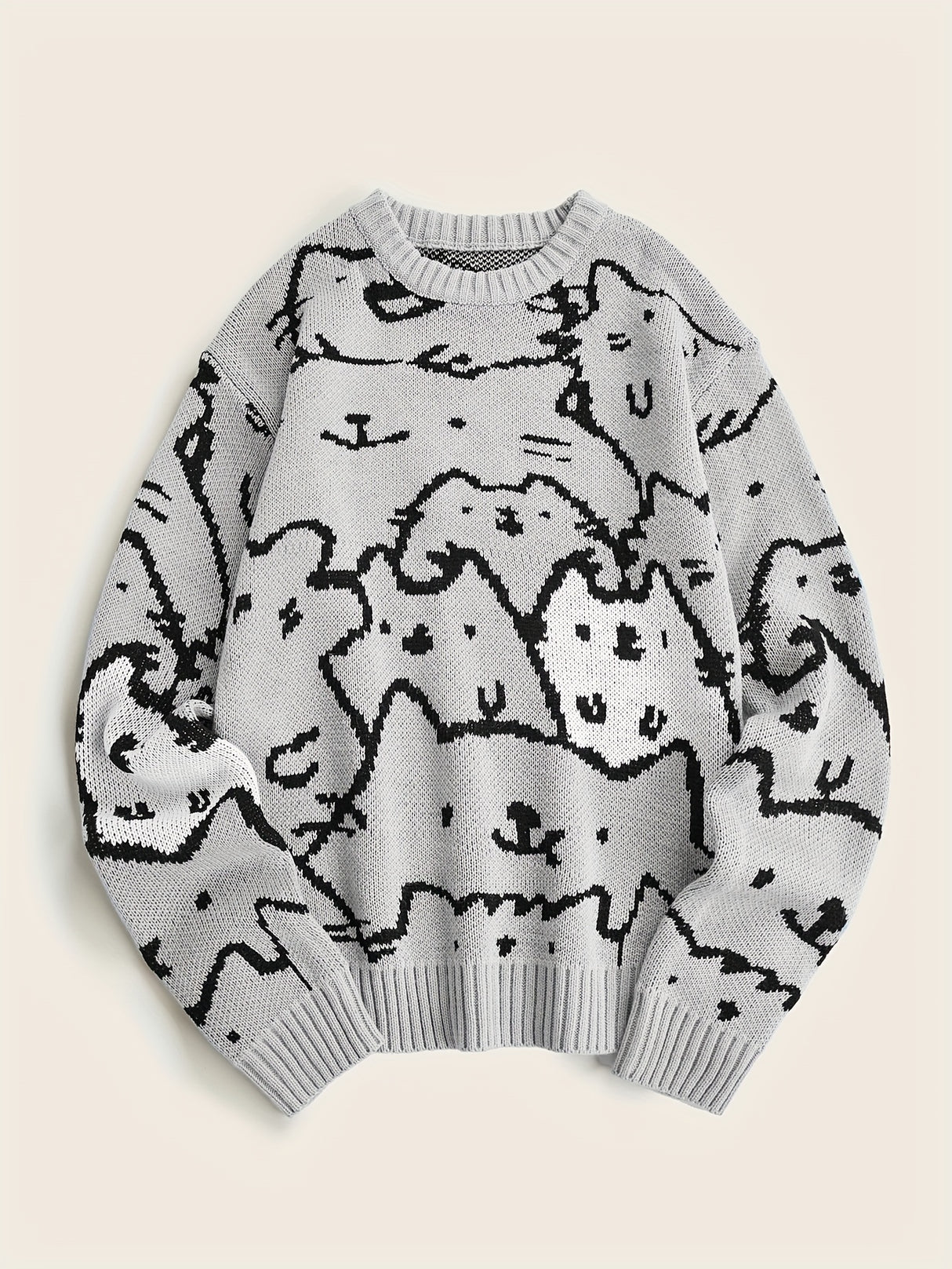Cute Cats Pattern Knitted Sweater, Men's Casual Warm Slightly Stretch Crew Neck Pullover Sweater For Men Fall Winter