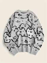 Cute Cats Pattern Knitted Sweater, Men's Casual Warm Slightly Stretch Crew Neck Pullover Sweater For Men Fall Winter