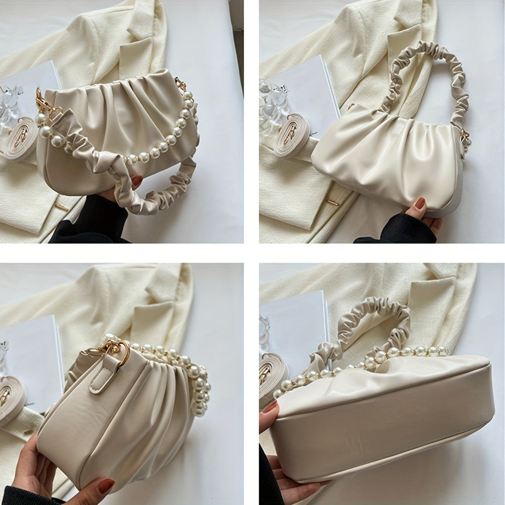 Chic White Ruched Handbag with Pearl Accents, Soft PU Leather, Versatile Underarm and Shoulder Bag for All Occasions