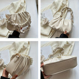 Chic White Ruched Handbag with Pearl Accents, Soft PU Leather, Versatile Underarm and Shoulder Bag for All Occasions