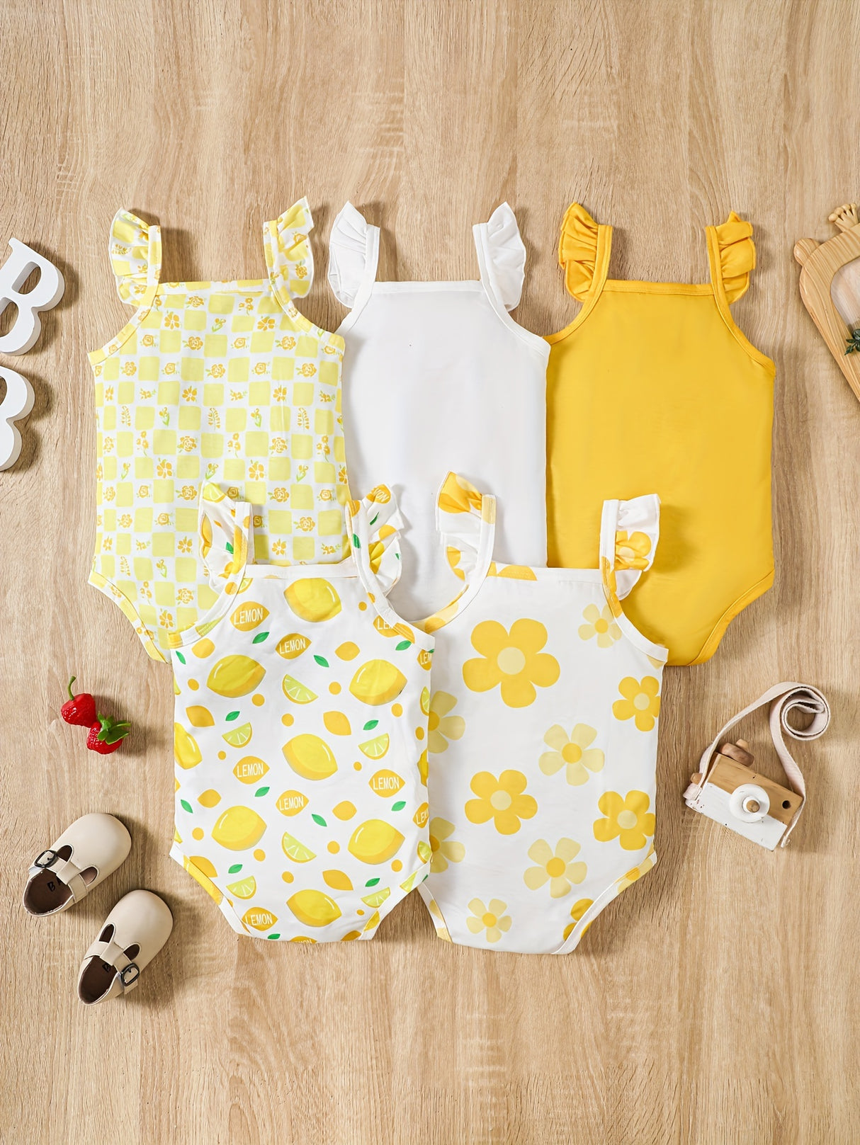 5pcs Baby Girls' Summer Rompers | Cute Fruit & Floral Print with Ruffled Straps | Soft Knit Fabric, Elastane & Polyester Blend | Button Closure | Multi-Color Pastel Yellow & White | Ideal for Playful Infants, Baby Girl Clothe