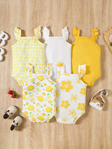 5pcs Baby Girls' Summer Rompers | Cute Fruit & Floral Print with Ruffled Straps | Soft Knit Fabric, Elastane & Polyester Blend | Button Closure | Multi-Color Pastel Yellow & White | Ideal for Playful Infants, Baby Girl Clothe