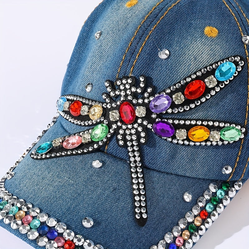Fashion-Forward Rhinestone Dragonfly Denim Dad Hat - Blue Washed & Distressed - Sun-Protective Baseball Cap for Women