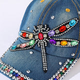 Fashion-Forward Rhinestone Dragonfly Denim Dad Hat - Blue Washed & Distressed - Sun-Protective Baseball Cap for Women